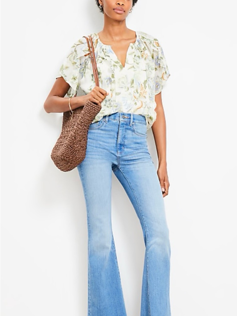 LOFT Light Blue High-Rise Slim Flare Jeans in Classic Mid-Wash - 29